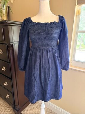 J. Crew Denim Smocked Peasant Dress | Medium Blue Chambray | M
